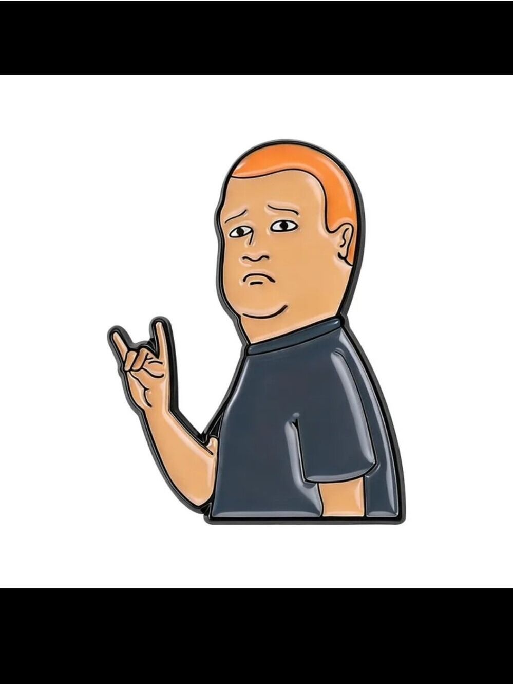 Enamel Pin - Cartoon Bobby Hill with Hand Sign, Orange Hair & Black Shirt